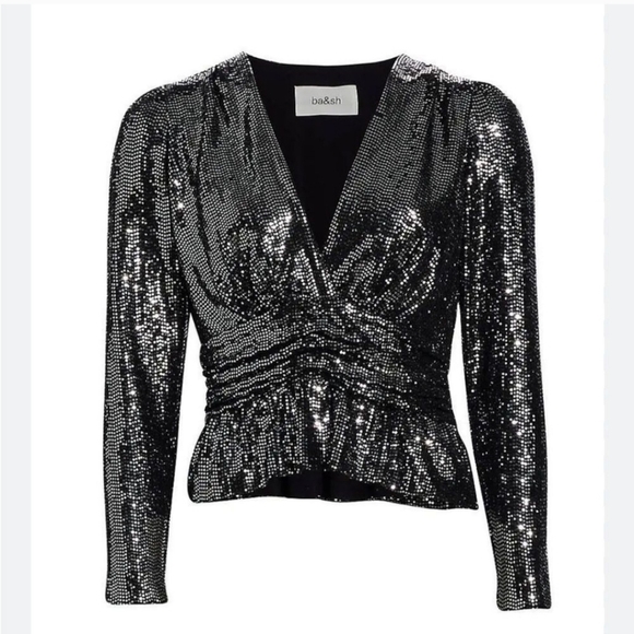 New BA&SH Mae Sequin Top Long Sleeve V Neck Peplum Party Sparkle Noir Black XS - Picture 10 of 17